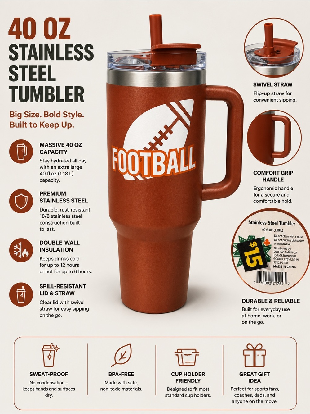 40 oz Stainless Steel Football Tumbler with Handle - Rust Orange used condition